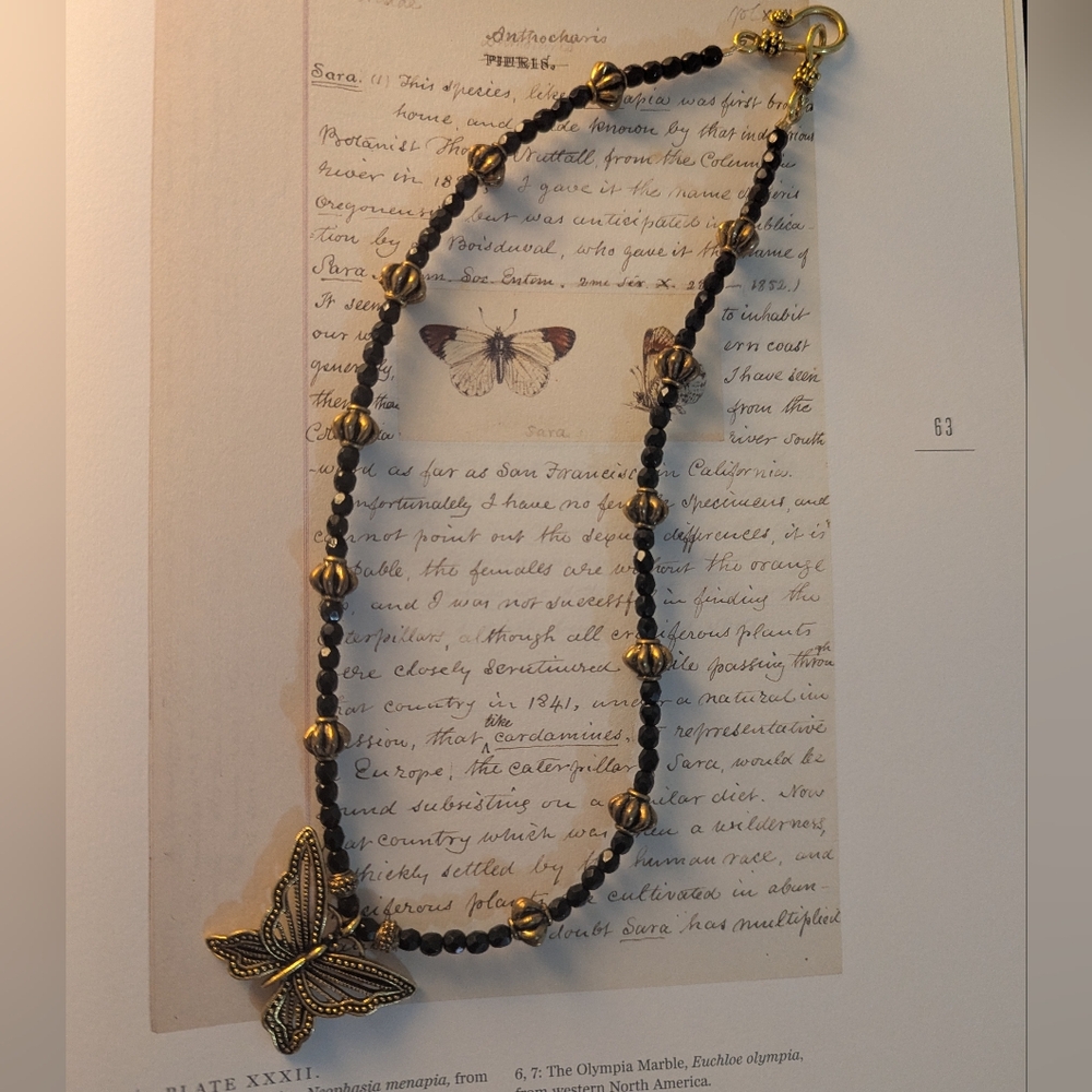 Black and Bronze Beaded Butterfly Necklace Pendant 16"